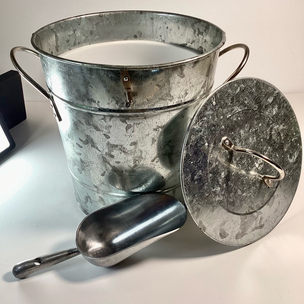Galvanized Ice Bucket With Handles, Lid, Liner, And Scoop